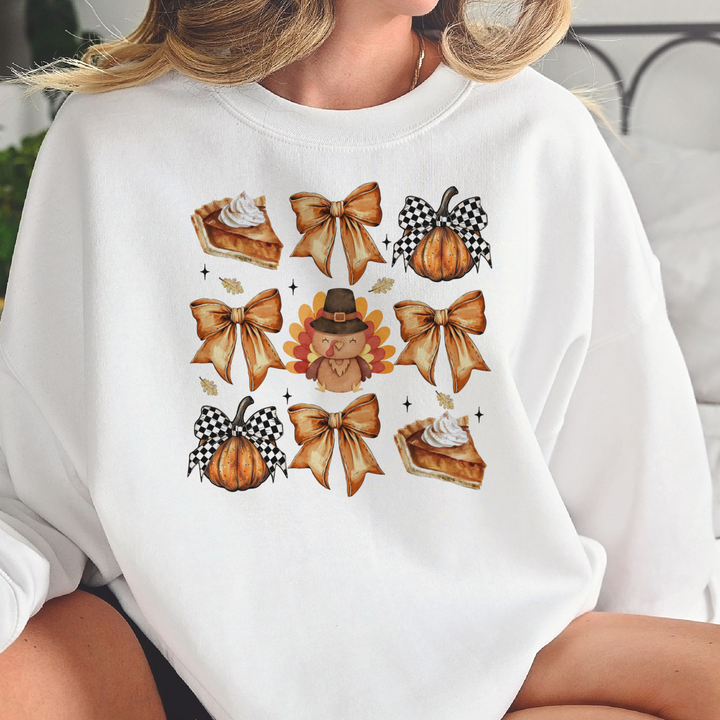 Fall Thanksgiving Collage Turkey Pie Bow Graphic Sweatshirt