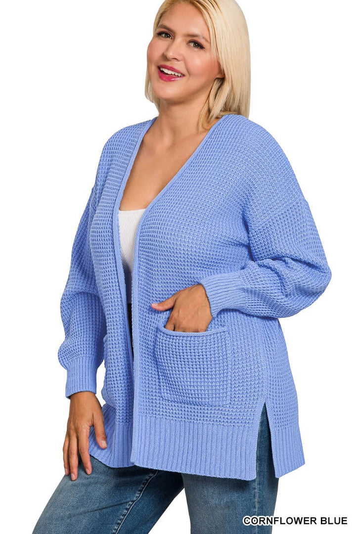 Plus Low Gauge Waffle Open Cardigan Sweater