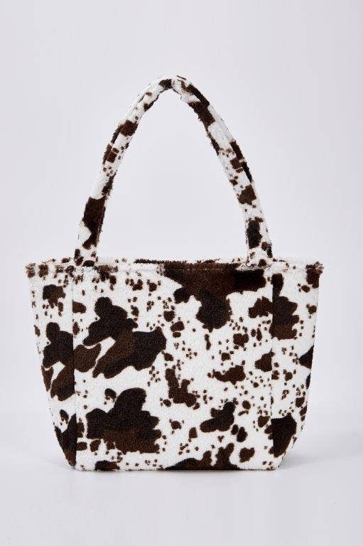 Black Brown Cow Print Faux Fur Tote Bag