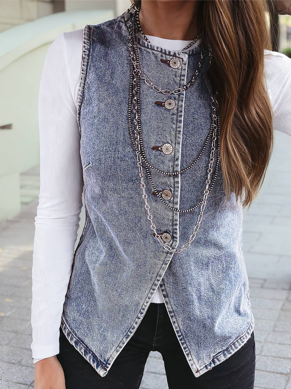 Western Solid Buttoned Front Slit Denim Vest