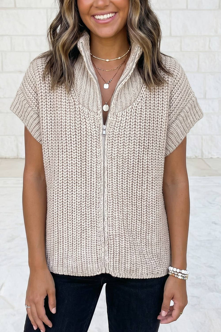 Solid Color Short Sleeve Zipper Knit Mock Neck Sweater