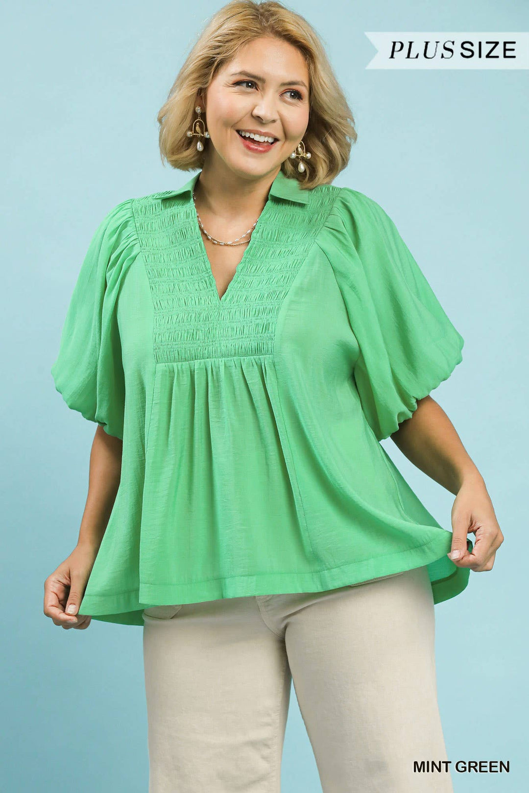Plus Exaggerated Bubble Sleeve Top With Front Yoke
