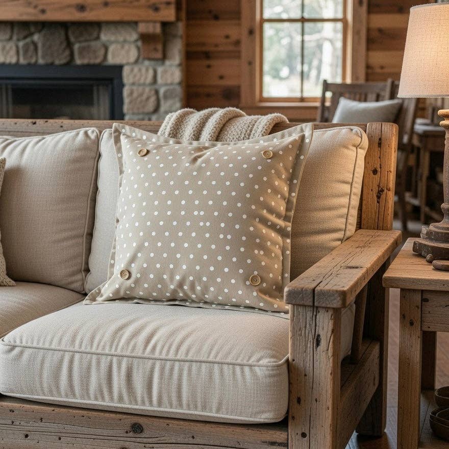 PILLOW ONLY: SQUARE Tan with white spots Pillow; TAN/WHITE POLK-A-DOT PILLOW (with insert)