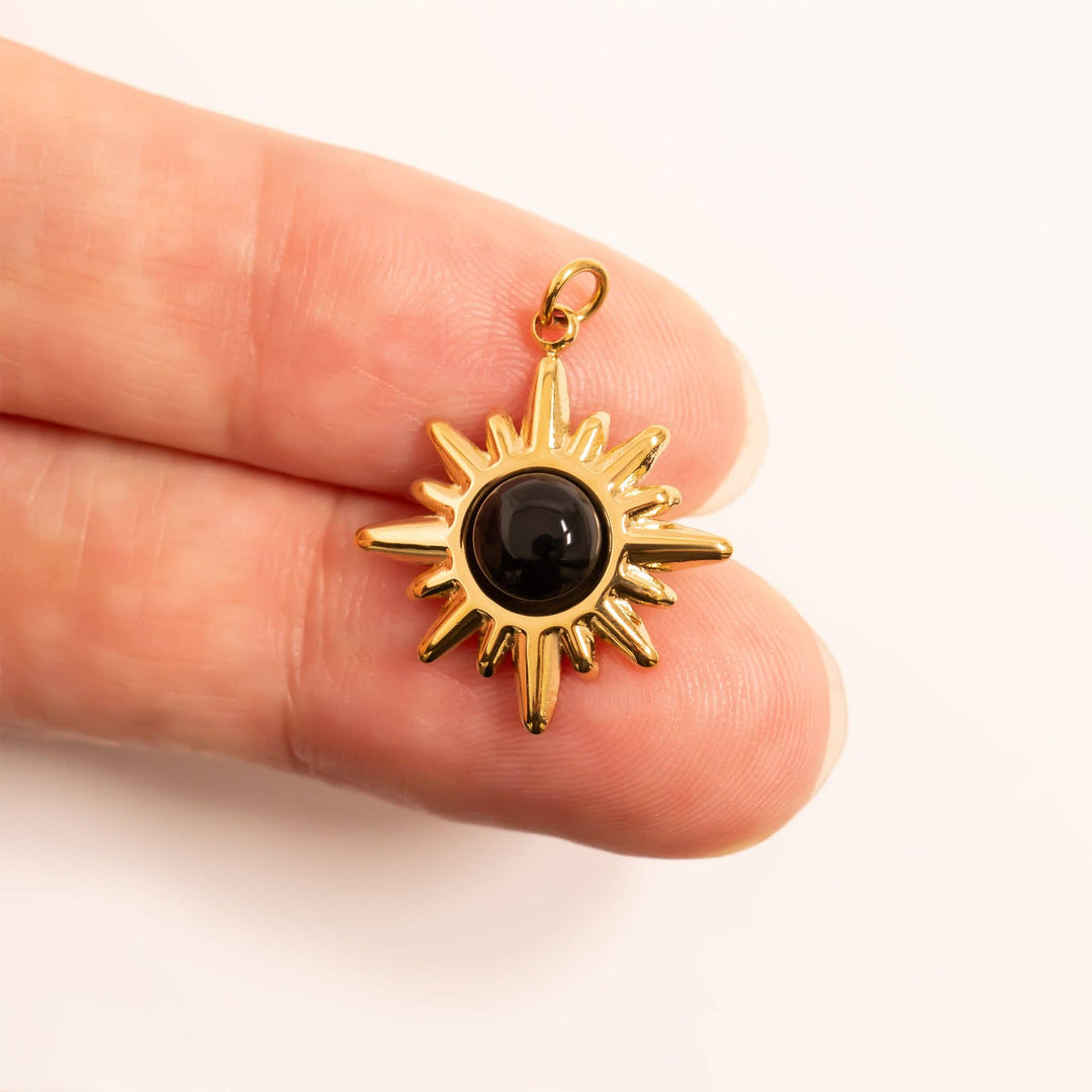 18K Gold PVD Stainless Steel Black Stone Sunflower Charm