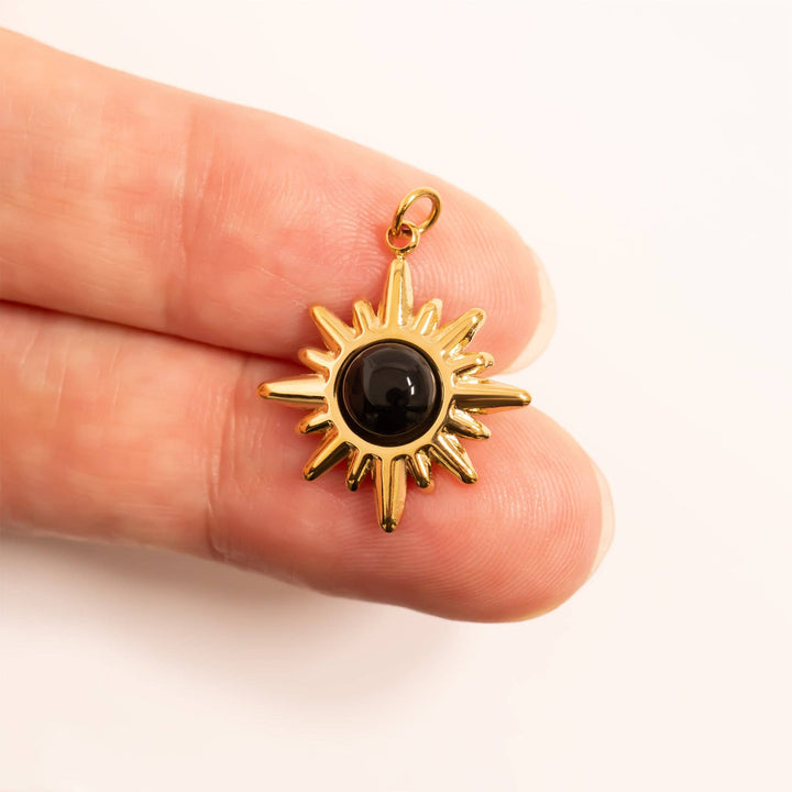 18K Gold PVD Stainless Steel Black Stone Sunflower Charm