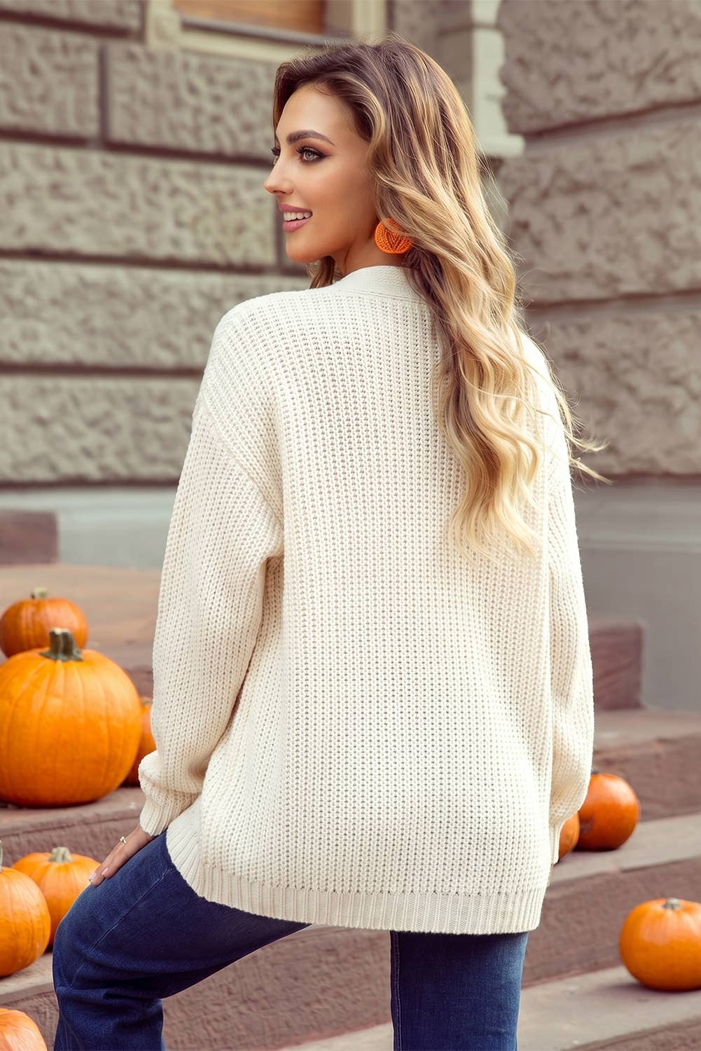 Pumpkin Patch Embroidery Open Front Drop Shoulder Cardigan