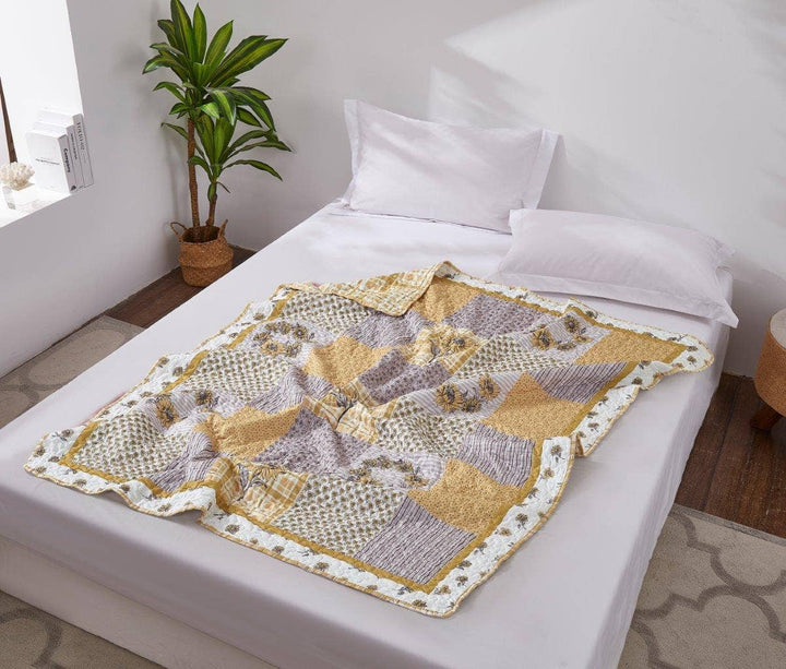 Yellow Grey Floral Patchwork Quilted Throw