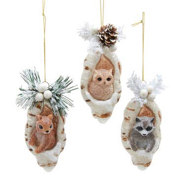 Glass Owl, Raccoon &amp; Squirrel In Tree Ornaments, 3 Assorted