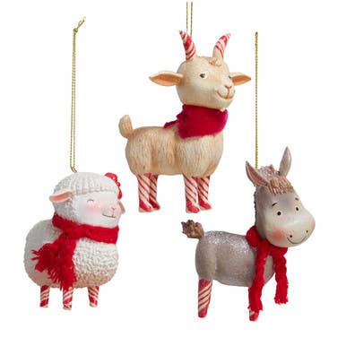Candy Cane Farm Animal Ornaments, 3 Assorted