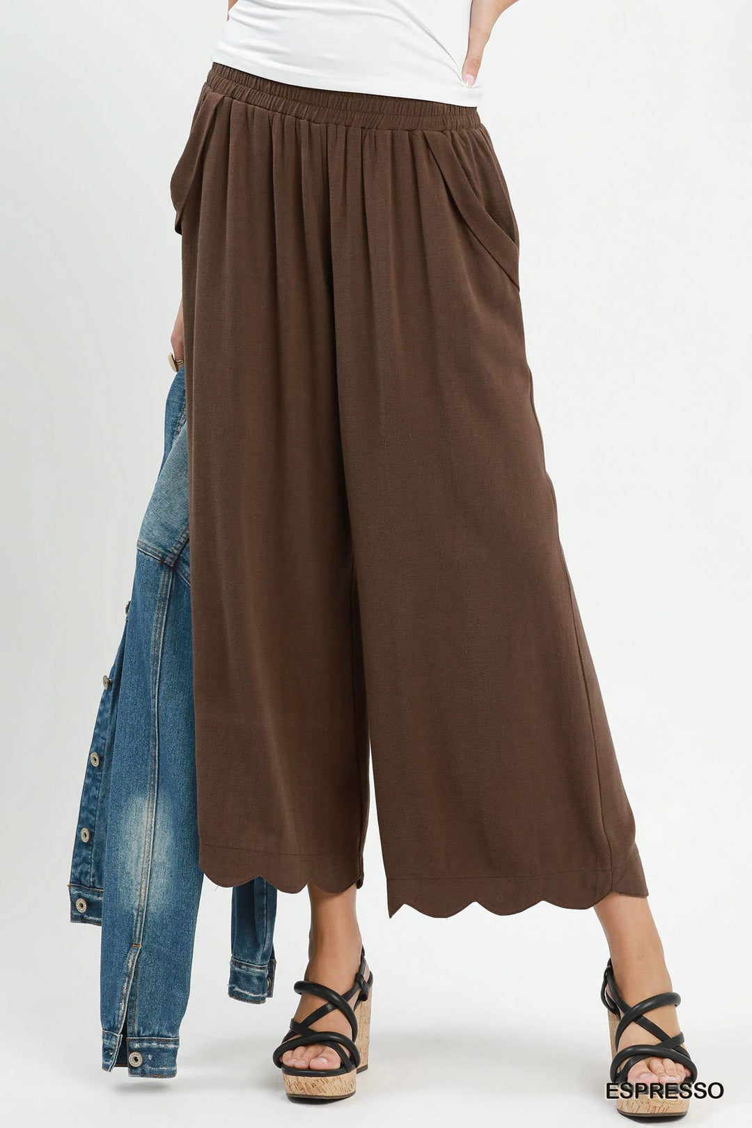 Linen Blend Scallop Hem Wide Leg Pants