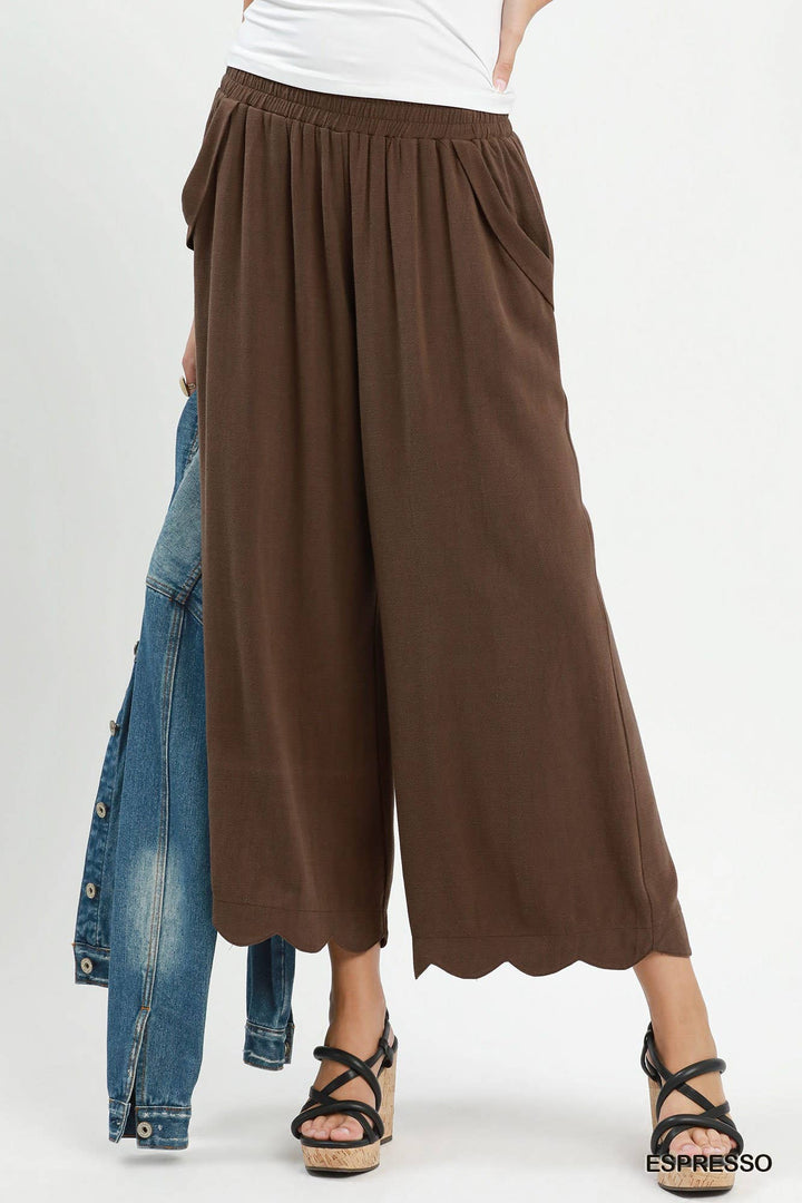 Linen Blend Scallop Hem Wide Leg Pants
