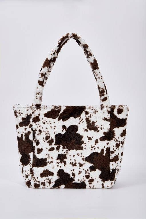 Black Brown Cow Print Faux Fur Tote Bag