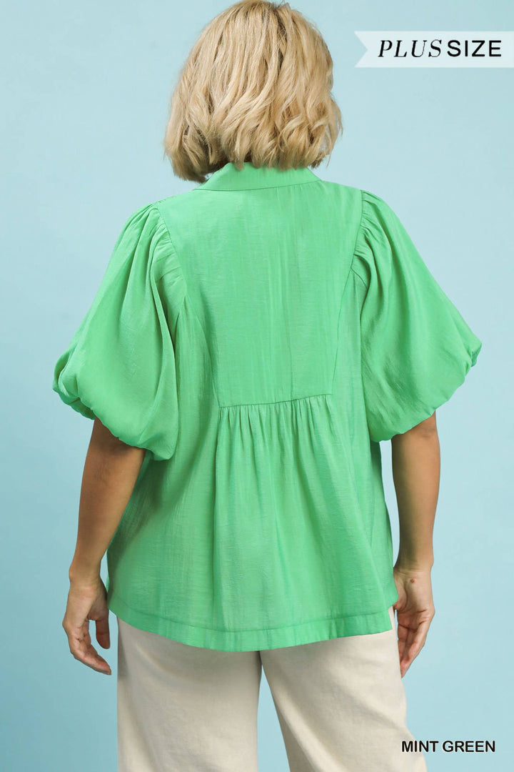 Plus Exaggerated Bubble Sleeve Top With Front Yoke