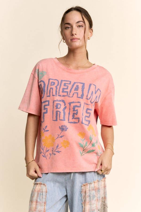 PT62115-PLUS DREAM FREE FLORAL GRAPHIC MINERAL WASH TOP