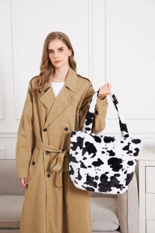 Cow Print Faux Fur Tote Bag