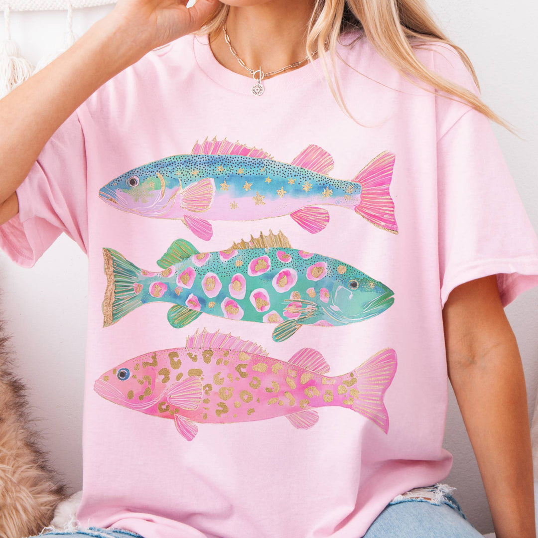 Coastal Preppy Fish Pink Blue Beach Ocean Club Graphic Tee