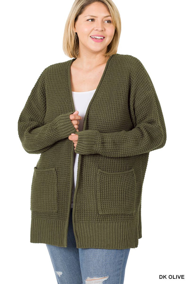 Plus Low Gauge Waffle Open Cardigan Sweater
