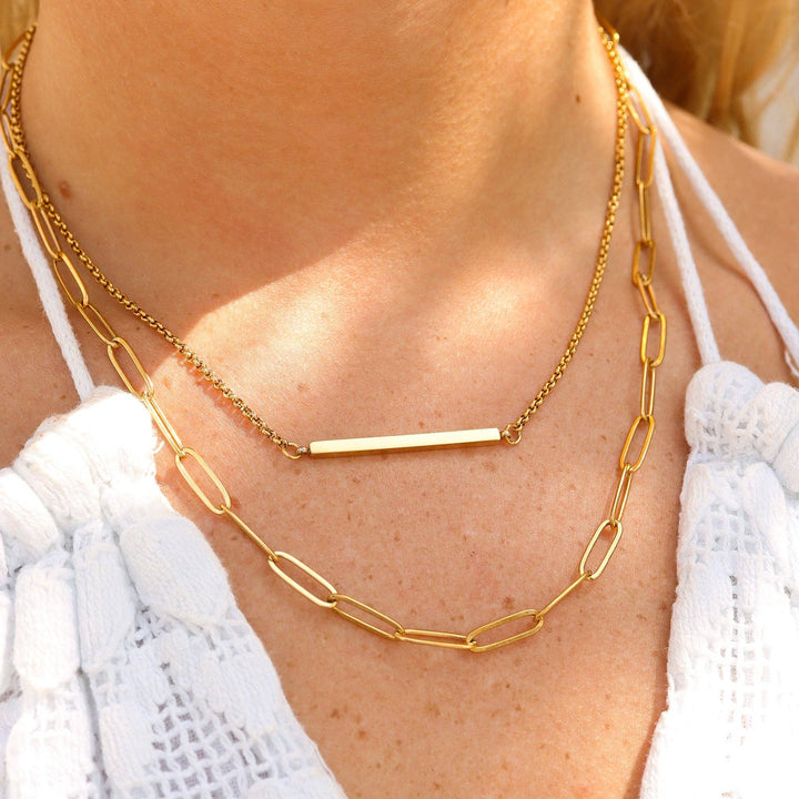 18K Gold PVD Stainless Steel Paperclip Layered Blank Bar Necklace
