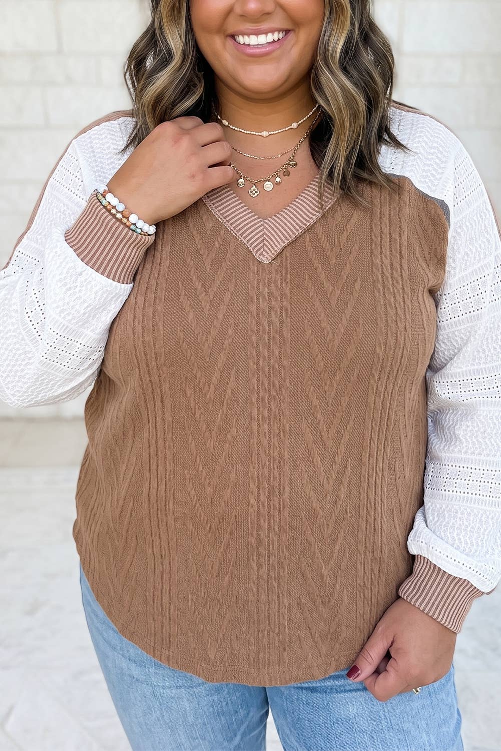 V Neck Lace Sleeve Patchwork Plus Size Blouse