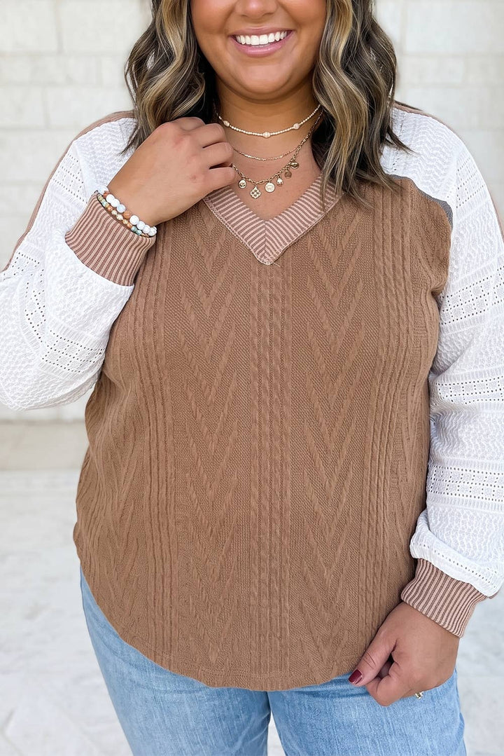 V Neck Lace Sleeve Patchwork Plus Size Blouse