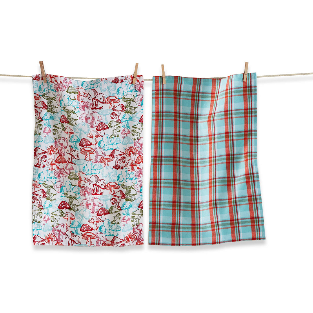 Woodcut Mushroom Dishtowel Set of 2 Multi Cotton Christmas