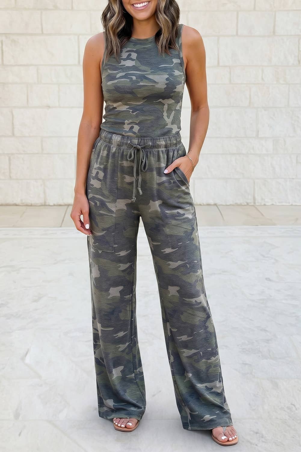 Slim Camouflage Tank Top and Wide Sweatpants Set