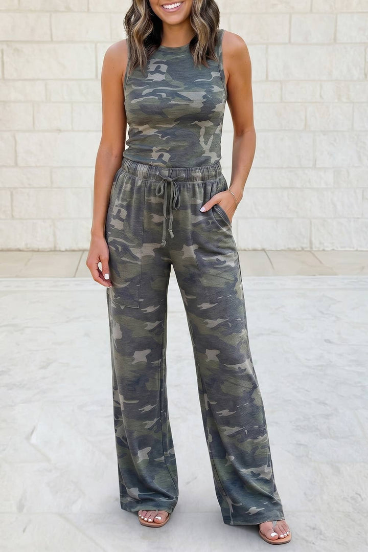 Slim Camouflage Tank Top and Wide Sweatpants Set