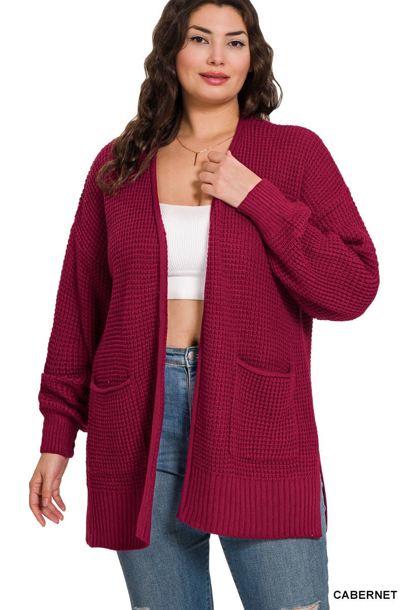 Plus Low Gauge Waffle Open Cardigan Sweater