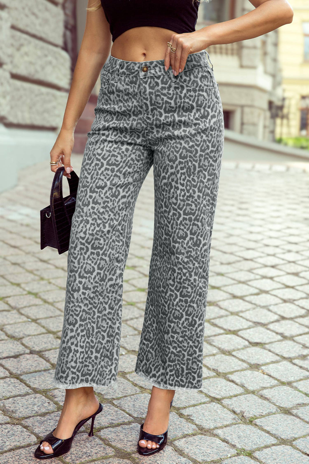 Leopard /Polka Dot Frayed Edge Wide Leg High Waist Jeans