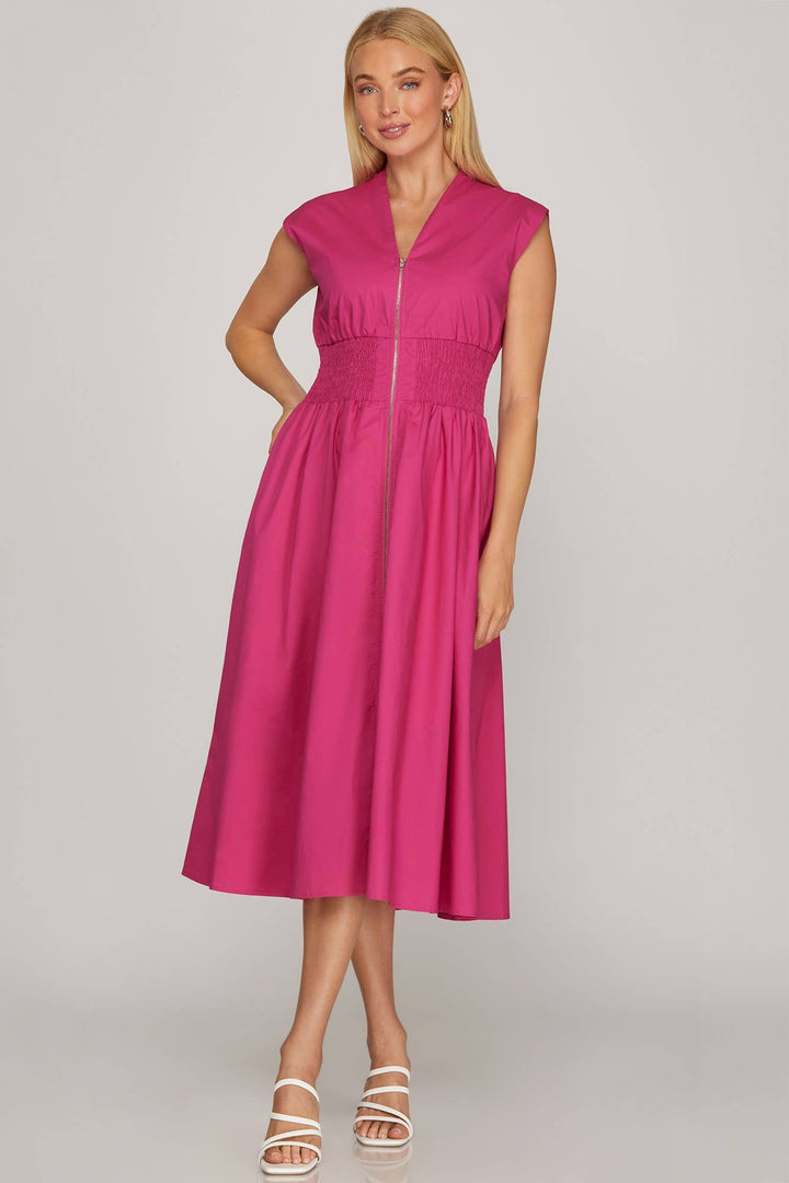 Drop Shoulder Smocked Waist Midi Dress