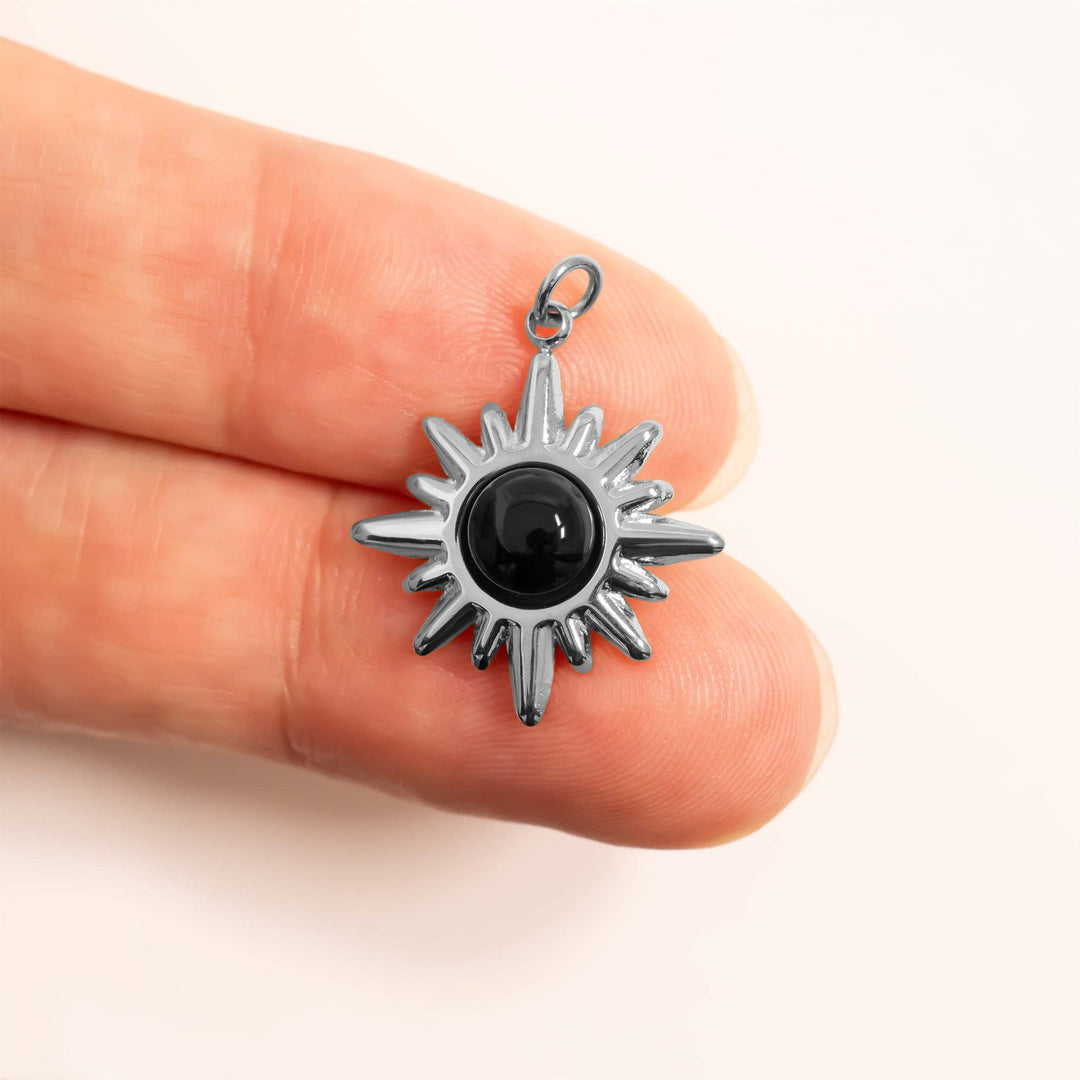 18K Gold PVD Stainless Steel Black Stone Sunflower Charm