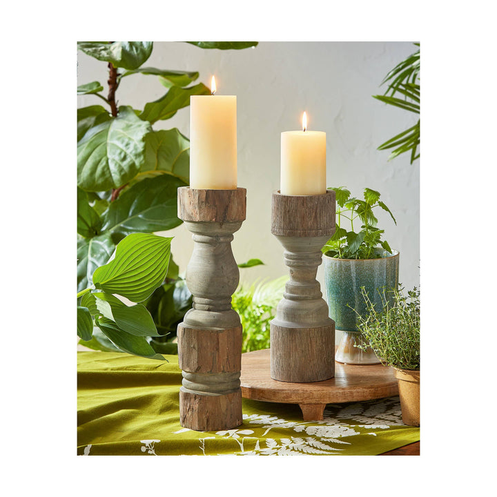 Rustic Turned Pillar Holder Short Antique Bronze Mango Wood