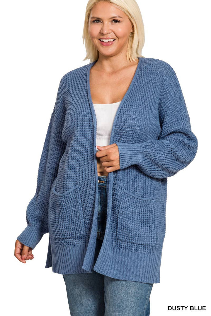 Plus Low Gauge Waffle Open Cardigan Sweater
