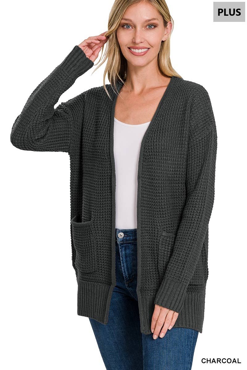 Plus Low Gauge Waffle Open Cardigan Sweater