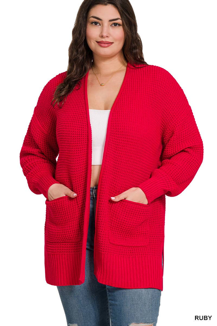 Plus Low Gauge Waffle Open Cardigan Sweater