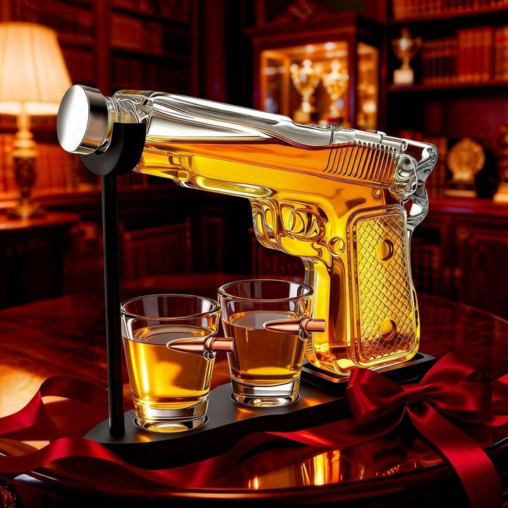 Pistol Gun Decanter Set + 2 Bullet shot Glasses &amp; Wood Stand