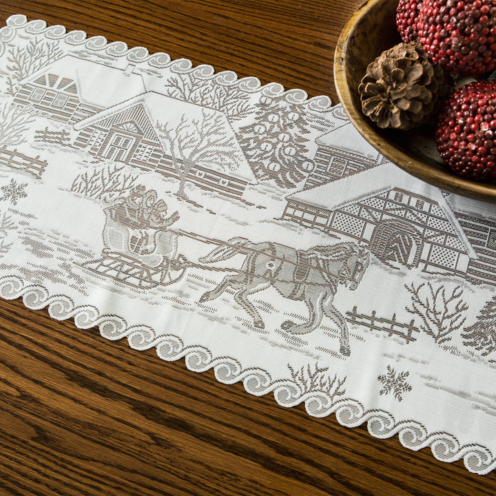 Sleigh Ride 14x40 White Lace Christmas Winter Table Runner
