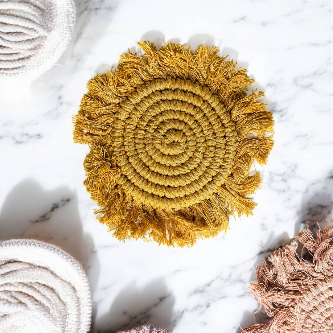 Fabric Tassel Spiral Braided Coasters, Spring Tabletop Decor
