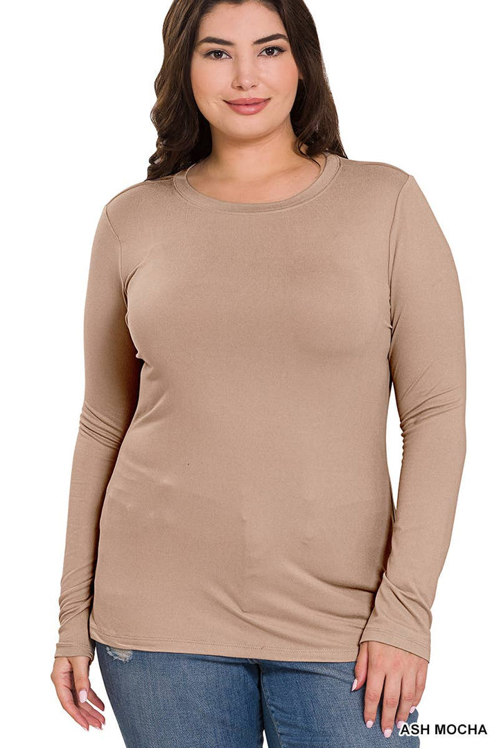 Plus Brushed Microfiber Long Sleeve Round Neck Tee