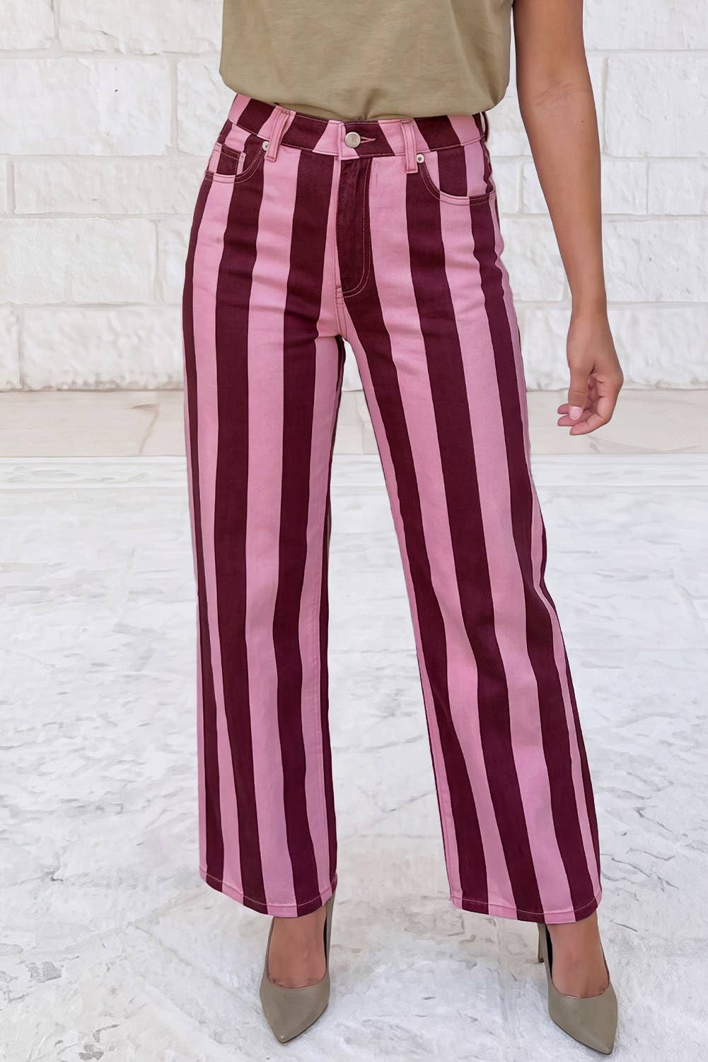 Stripe Ankle Length Cropped Straight Leg Pants