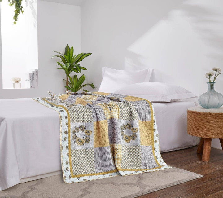 Yellow Grey Floral Patchwork Quilted Throw