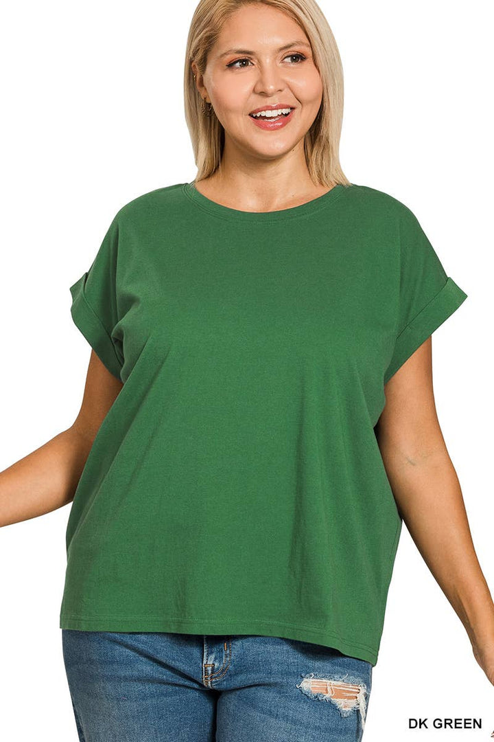 Plus Round Neck Folded Short Sleeve T-shirt