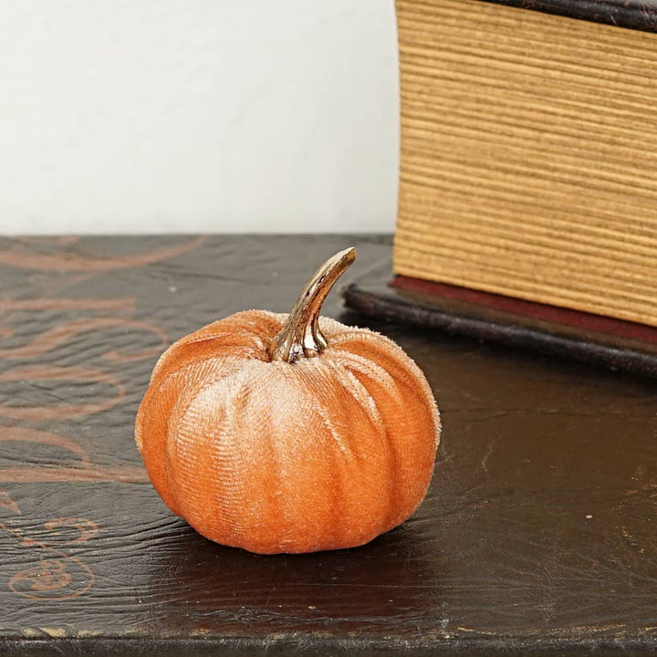 31346- Bag of 6 velvet 2in pumpkins w.golden stem-PEACH