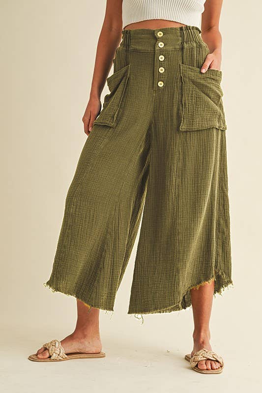 Mineral Washed Fray Hem Linen Cotton Wide Pants