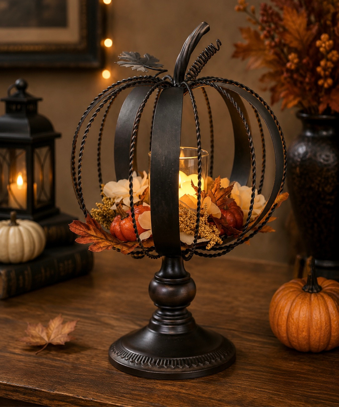 Metal Pumpkin Pedestal LED Lighted Lantern