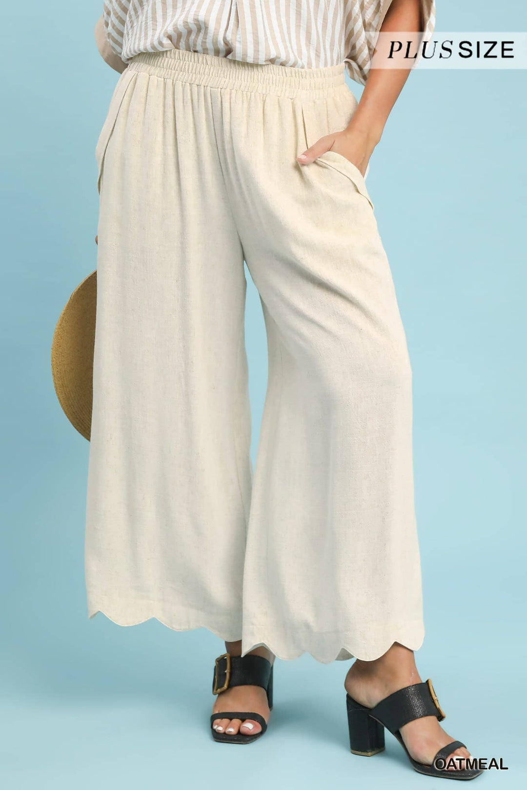 Plus Linen Blend Scallop Hem Wide Leg Pants
