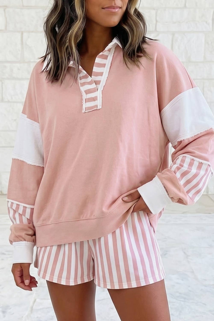Striped Colorblock Patchwork Sweatshirt &amp; Shorts Set S–4X
