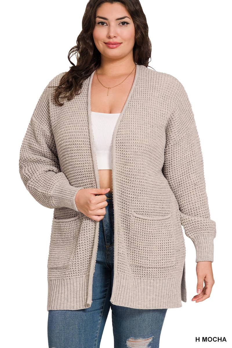 Plus Low Gauge Waffle Open Cardigan Sweater