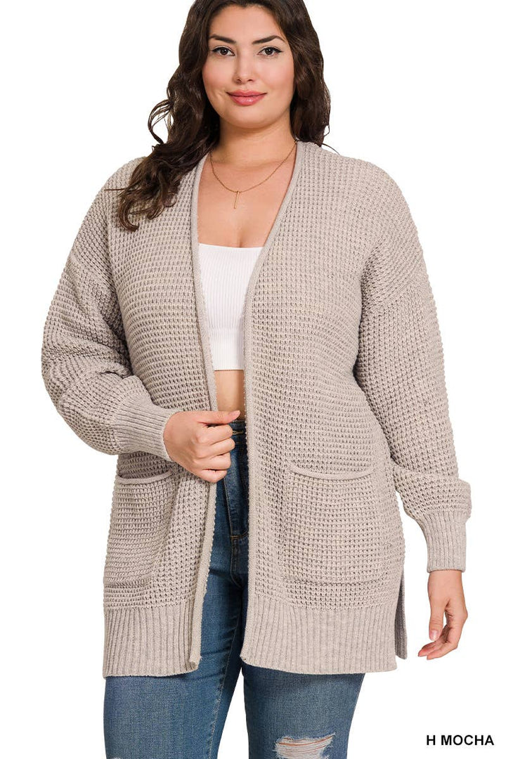 Plus Low Gauge Waffle Open Cardigan Sweater