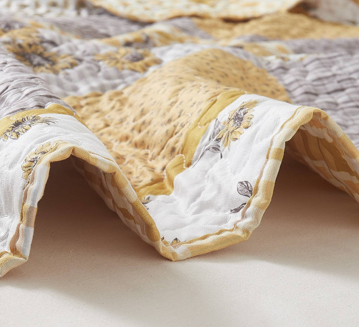 Yellow Grey Floral Patchwork Quilted Throw